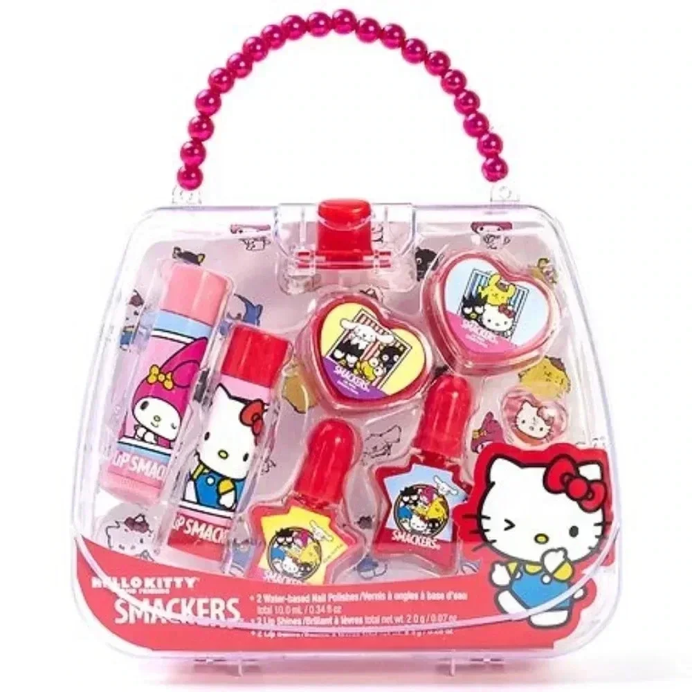 Hello kitty lip smackers purse travel set home kids girl bead bag sanrio pink